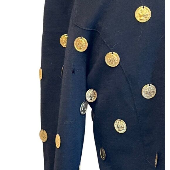 Ladies Medium Black Gold Tone Coins All Over Blouse Wool Sweater Top Vintage - Picture 4 of 8